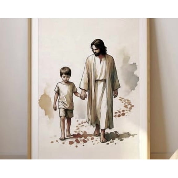 Jesus Walking Little Boy Christian Nursery Poster, Poster Home Decor , Poster Print Only