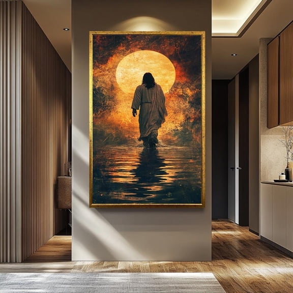 Jesus Walking On Water Artistic Sunset Glow Christian Wall Art Inspirational Spiritual Decor Warm Earth Tone Design, Unframed Paper Poster 11x14in