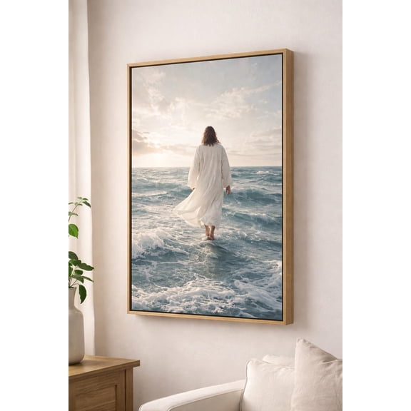 Jesus Walking On Water Coastal Christian Art Neutral Beach House Decor Modern Faith Artwork Ocean Wall Decor