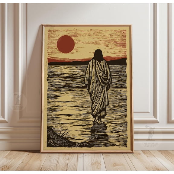 Jesus Walking On Water Poster, Christian Wall Art, Biblical Sunset Illustration Print