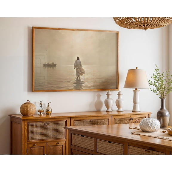 Jesus Walking On Water Wall Art, Panoramic Christian Seascape Print, Biblical Faith Decor, Prayer Room Artwork For Living Room