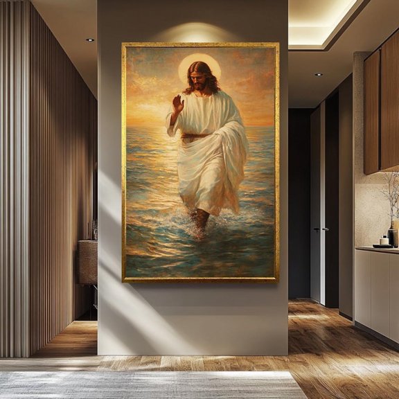 Jesus Walking On Water Wall Art Print Religious Ocean Sunset Scene Christian Decor Church Decoration, Unframed Canvas 8x10in