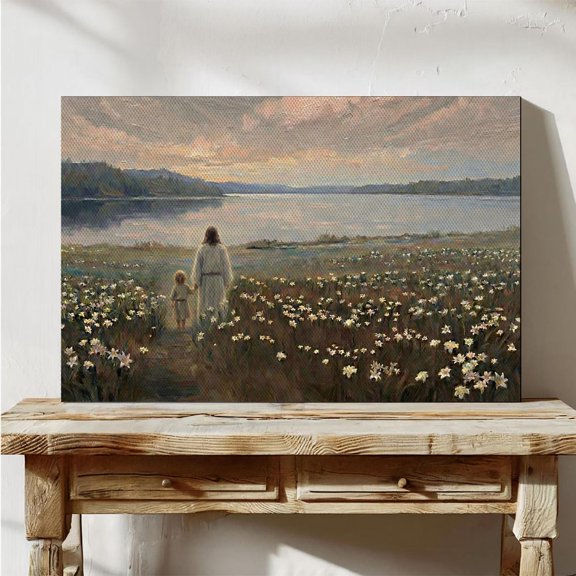 Jesus Walking With Child Vintage Christian Art Peaceful Sunset Print, Stretched Canvas 12x16in