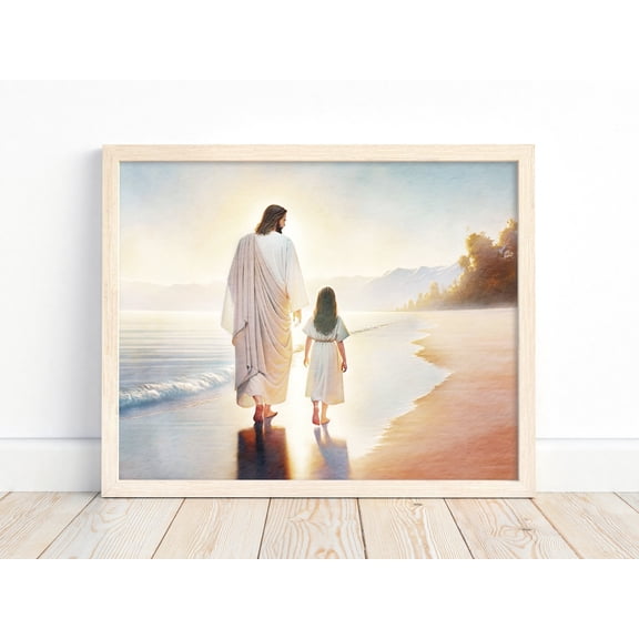 Jesus Walking With Girl Teaching Baptism Religious Home Decor With Children On Water Print, Unframed Canvas 8x10in