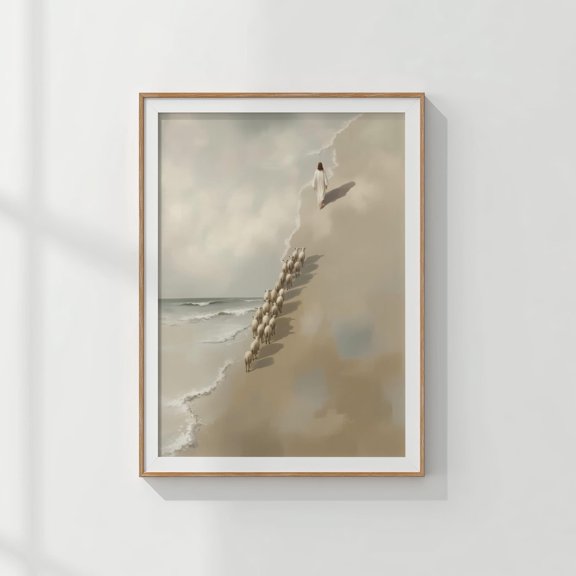 Jesus Walking With Sheep : Christian Art, Good Shepherd Sunset Poster Warm Present Vintage UNFRAMED Poster Size 8x12