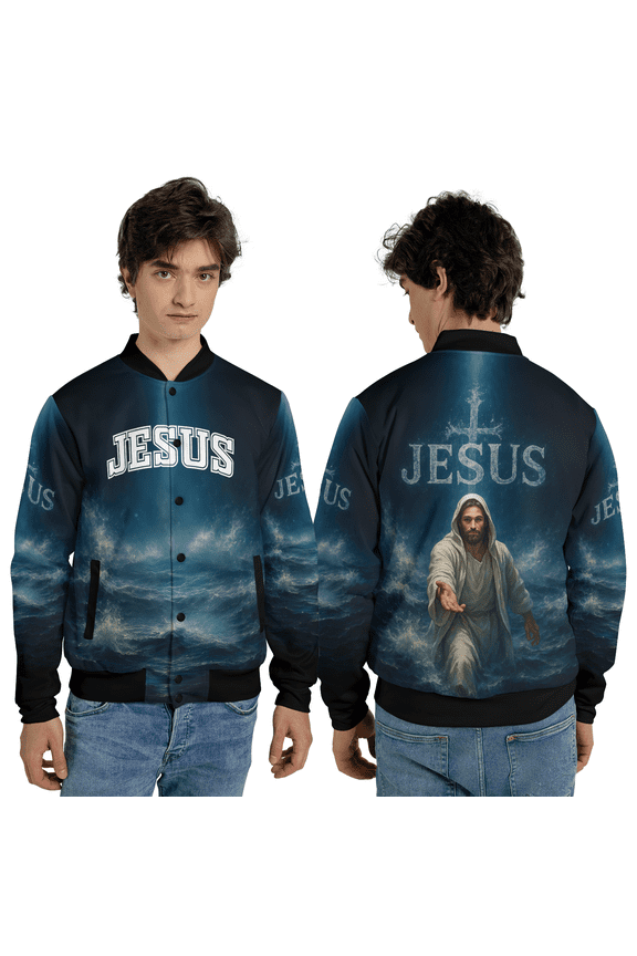Jesus Walking on Water Baseball Jacket, Christian Faith Jesus Baseball Jacket, Religious Jesus Art Outerwear