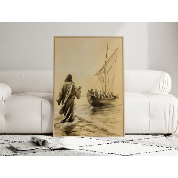 Jesus Walking on Water Christian Sketch Wall Art, Unframed Paper Poster 8x10in