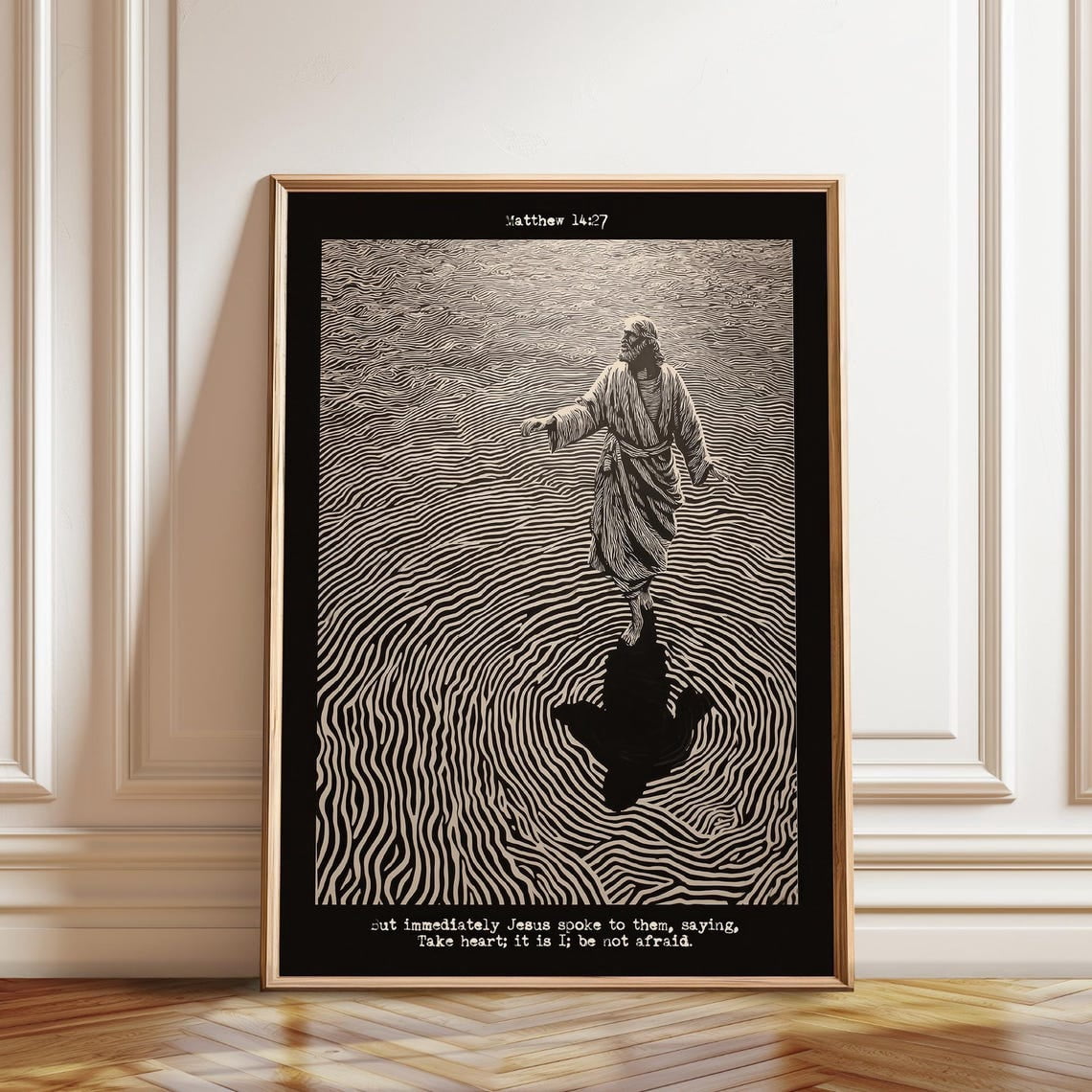 Jesus Walking on Water Minimal Linework Bible Verse Art, Unframed ...