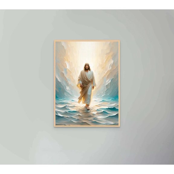 Jesus Walking on Water Poster, Christian Biblical Wall Art, Spiritual Faith Painting Artwork, Religious Home Decor, Size 24x36, Unframed Poster