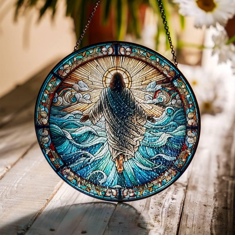 Glass Sun Scripture Jesus Walking on Water Stained Glass SunCatcher Christian Art Light ...