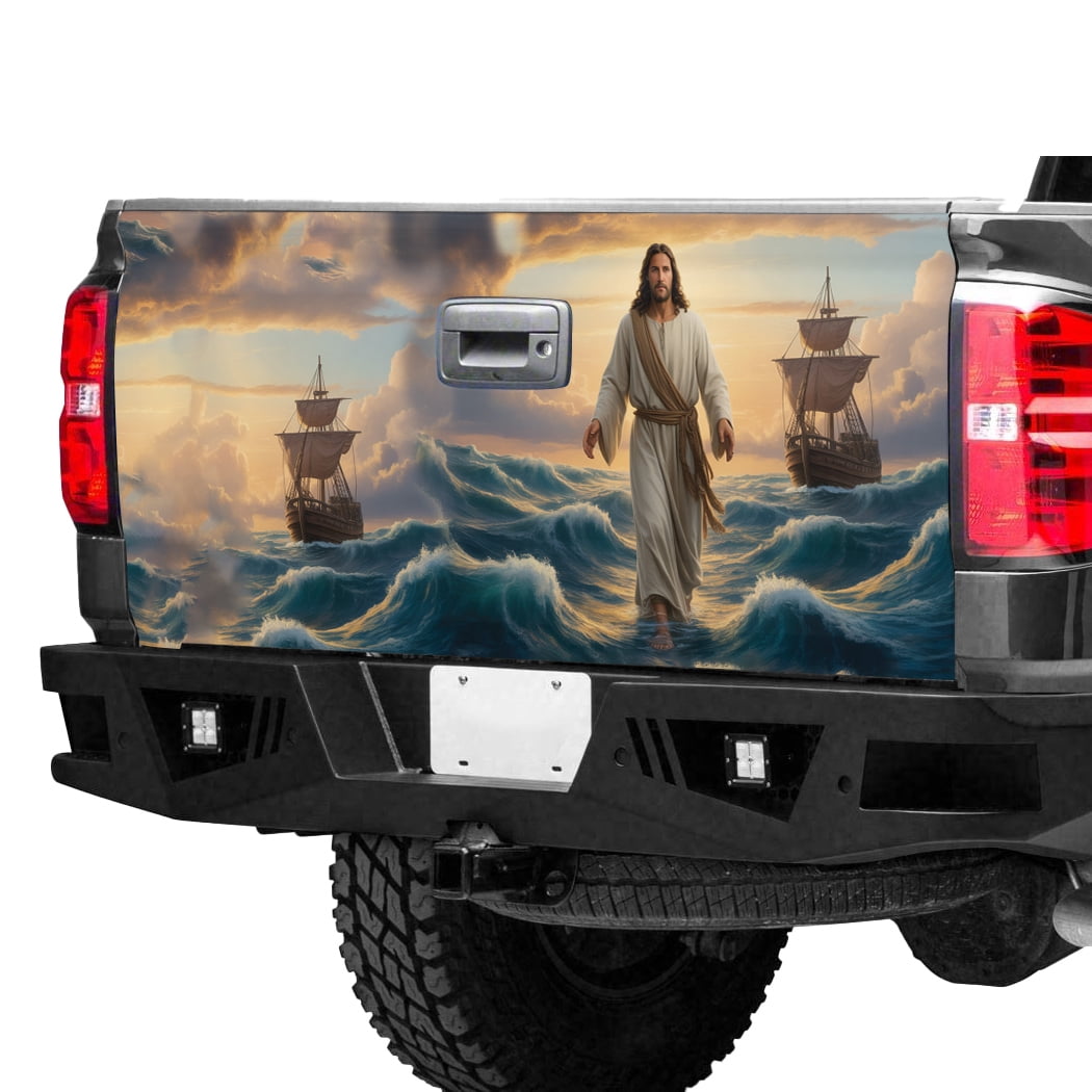 Jesus Walking on Water Tailgate Wrap – Christian Faith Ocean Scene Truck Tailgate Decal, Inspirational Bible Art Rear Gate Vinyl Wrap