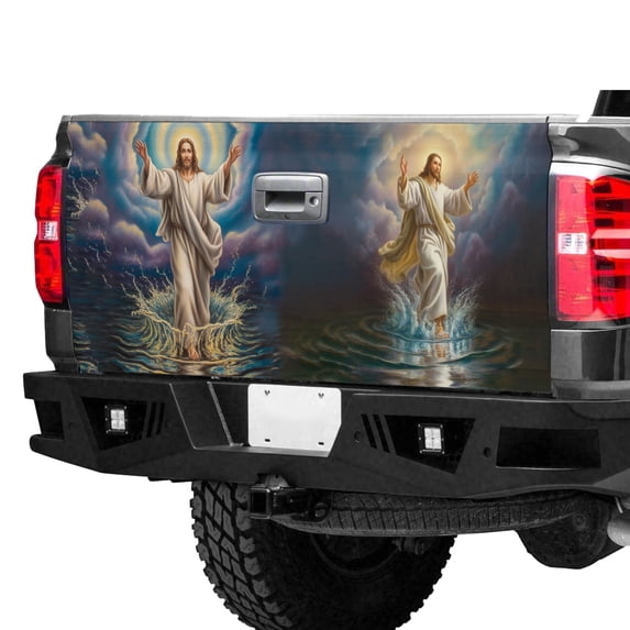 Jesus Walking on Water Tailgate Wrap – Christian Faith Truck Tailgate Decal, Religious Jesus Miracle Scene Truck Graphic