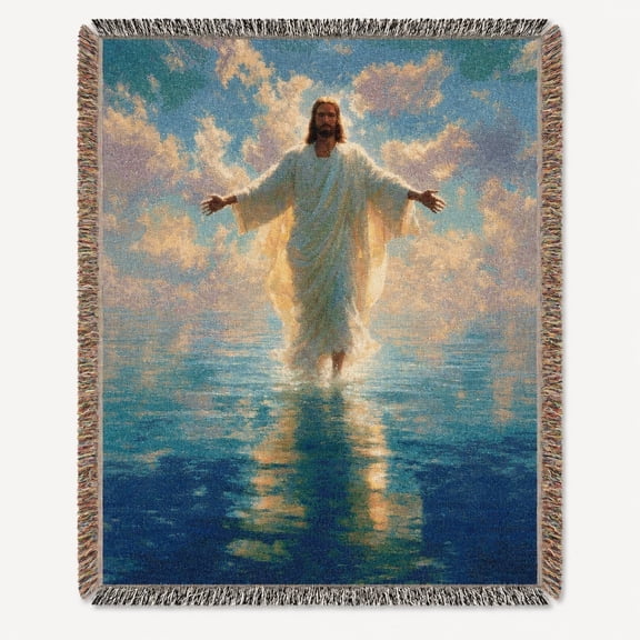 Jesus Walking on Water Woven Blanket – Christian Faith Throw, Fringe Edges, 100% Cotton, Made in USA