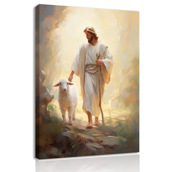 Jesus Walks On Mountain Forest With The Lost Lamb Canvas Wall Art Painting Wall Decor Christian Poster Print Artwork Decoration For Living Room Bedroom Church