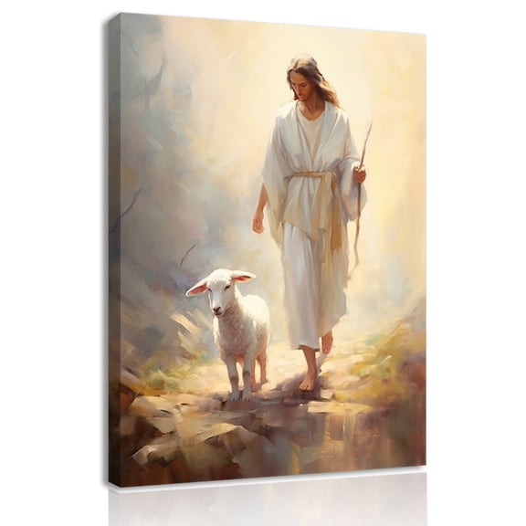 Jesus Walks On Mountain Forest With The Lost Lamb Canvas Wall Art Painting Wall Decor Christian Poster Print Artwork Decoration For Living Room Bedroom Church