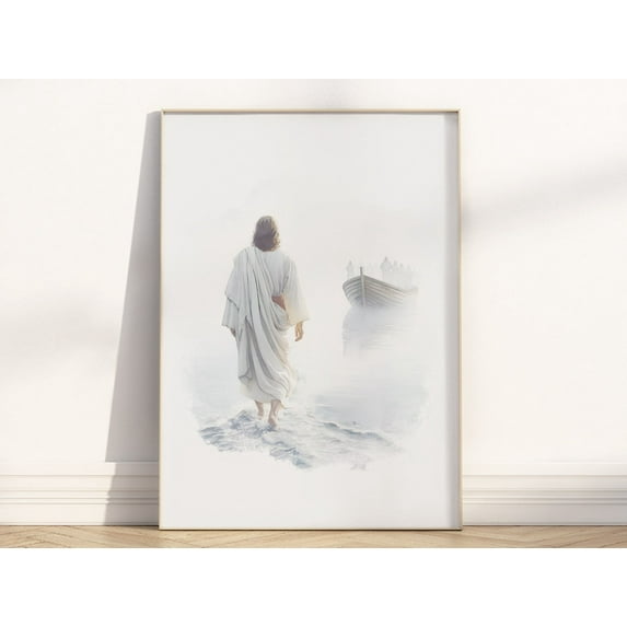 Jesus Walks On Water Bible Verse Wall Art, Christian Religious Watercolor Painting Matthew 14:22-33 Illustration Scripture Artwork Wall Art, Modern Wall Decor, 24x36 UNFRAMED