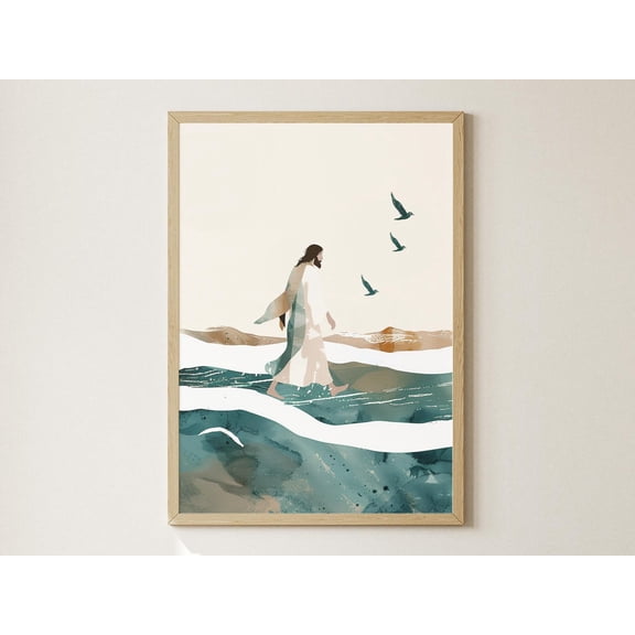 Jesus Walks On Water Digital, Modern Christian Boho Wall Art, Minimalist Bible Print, Catholic Poster, Neutral Christ Painting, Lds Artwork, Unframed Canvas Size 16x24