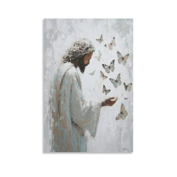 Jesus Wall Art Jesus And Butterflies Abstract Religious Painting Posters Art Print Wall Photo Paint Poster Hanging Picture Family Bedroom Decor Gift 24x36inch(60x90cm)