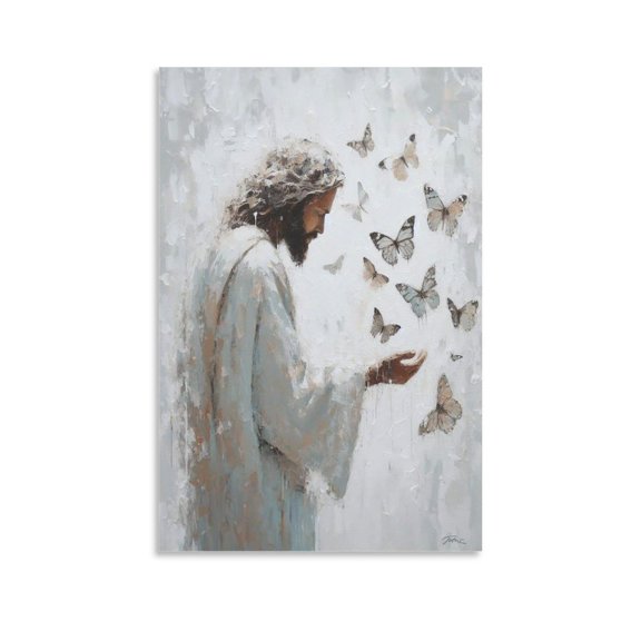 Jesus Wall Art Jesus And Butterflies Abstract Religious Painting Wall Art Poster Scroll Canvas Painting Picture Living Room Decor Home 16x24inch(40x60cm)