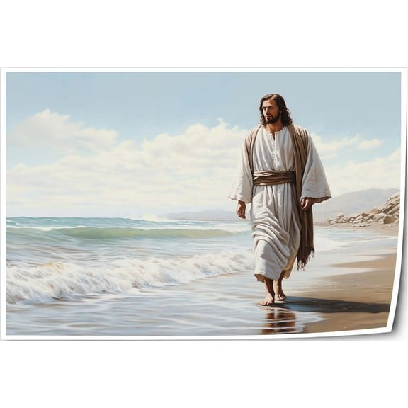 Jesus Wall Art Jesus Decor Walking in The Beach Poster Decorations for Home Vertical Canvas Prints Wall Hanging Pictures Giclee Print for Living Room