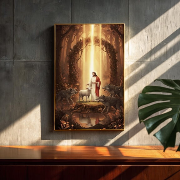 Jesus Wall Art Print Spiritual Christian Decor Good Shepherd Artwork With Wolves And Lamb Religious Woodland Scene Home Blessing Unframed Paper Print