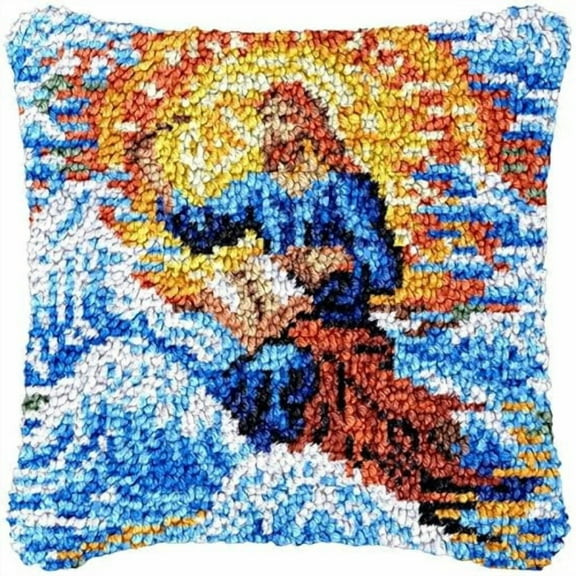 Jesus in Water Latch Hook Kits Pillowcase DIY Rug Making Crochet Hook Cushion Making Kits with Preprinted Pattern Canvas Christmas DIY Needlework Crochet Kits Decor 43x43cm