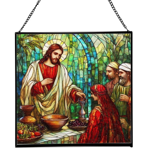 Jesus The Wedding at Cana Square Stained Glass Suncatcher, 8in Square Hanging Window Panel with Metal Chain, Christian Home Decor Gift for Christmas, Easter, or Prayer Room 176OR18