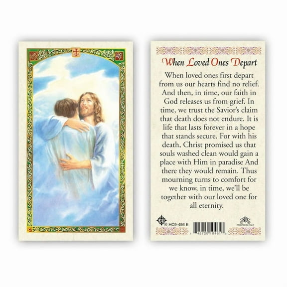 Jesus Welcoming Soul When Loved Ones Depart Laminated Prayer Card | 2-Sided Catholic Holy Card in English | Memorial & Bereavement Gift | Pack of 25