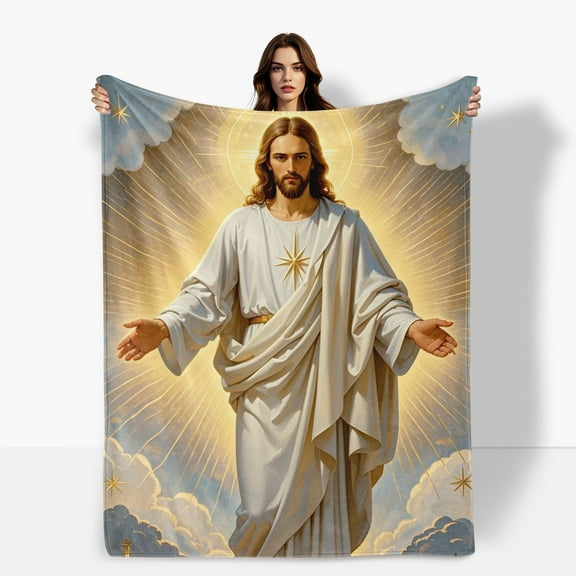 Jesus White Clouds Cross Wall Hanging Flannel Blanket Soft Warm Comfortable For Sofa Bed Travel Camping Living Room Office Chair Polyester Fiber Gift For Family Or Friends