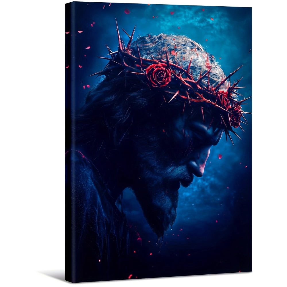 Jesus With A Crown Of Thorns And Roses Large Wooden Framed Wall Art ...