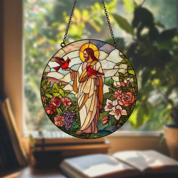 Jesus With Cardinals Suncatcher, God Window Hanging,Memorial Gift,Christian Window Hanging,Jesus Christ Decoration,Religious Christmas Decor