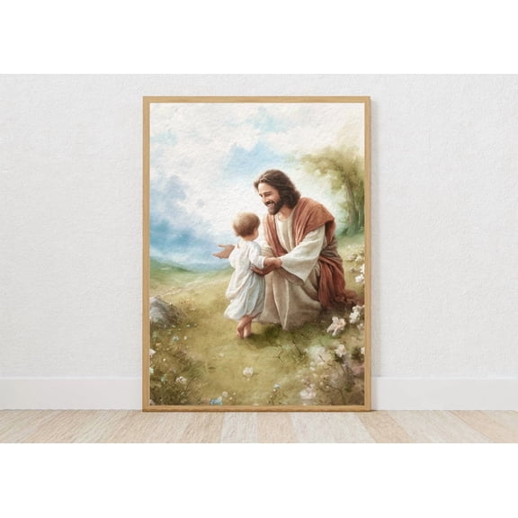 Jesus With Child Art Print Christian Nursery Decor, Unframed Paper Poster 8x10in