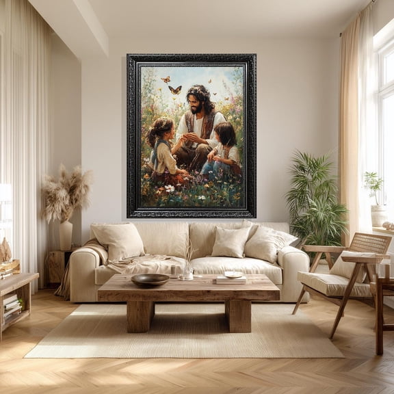 Jesus With Children Wall Art Christian Print Laughing In Flower Field Joyful Religious Decor For Home Or Church Unframed Paper Print