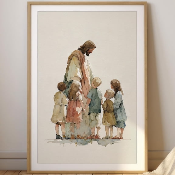 Jesus With Children Watercolor Style Print: Christian Nursery Art UNFRAMED PAPER POSTER, Home Decor, Vintage Gift, Living Room Dercor