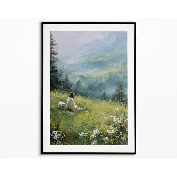 Jesus With Lamb Christian Landscape Picture Good Shepherd Biblical Home Decor Inspirational Religious Unframed Paper Print
