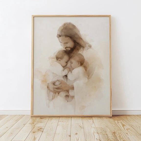 Jesus With Twin Babies Comfort Christian Wall Art,, Unframed Canvas 8x10in