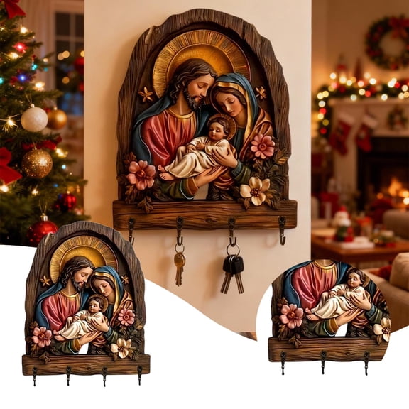 Jesus Wooden Key Holder with 4 Hooks, 2D Flat Religious Wall Decor Key Rack, Rustic Home Organization for Entryway, Christian Christmas Birthday Gifts