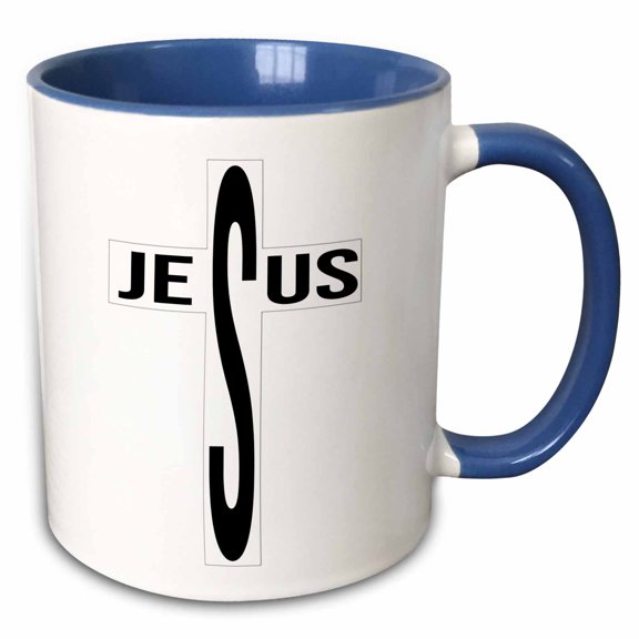 3drose, Jesus Written in a Faint Cross. Black Lettering on White Background., 15oz Two-tone Blue Mug