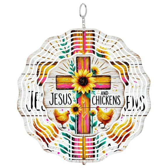Jesus and Chickens Faith 3D Wind Spinner Hanging, UV Printed Tinplate, Farmhouse Kitchen Decor, Spiritual Religious Gift