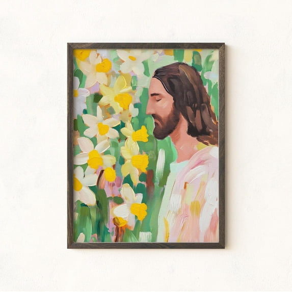 Jesus and Daffodils Christian Nature Wall Decoration, Unframed Canvas 24x36in