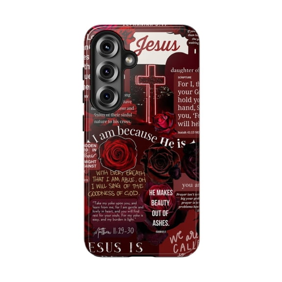 Jesus and Rose Tough Phone Case Compatible with Galaxy S21, S22, S23, S24, S25 and S26 Series, Christian Scripture Protective Cover