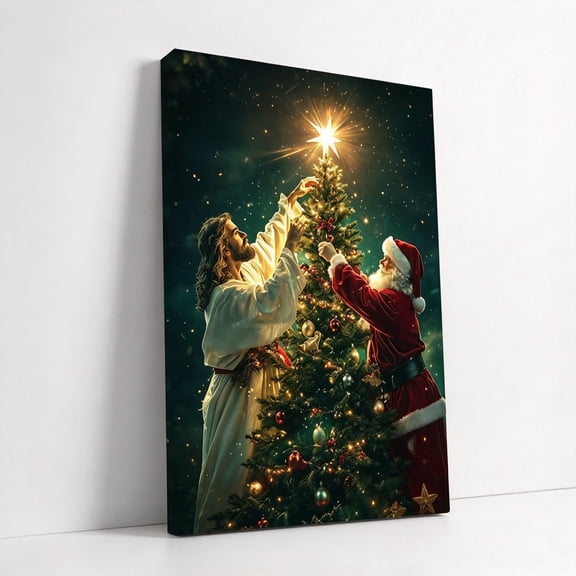 Jesus and Santa Decorating Christmas Tree Canvas Wall Art,1.25 Inch Wooden Framed Religious Xmas Holiday Wall Decor for Livingroom