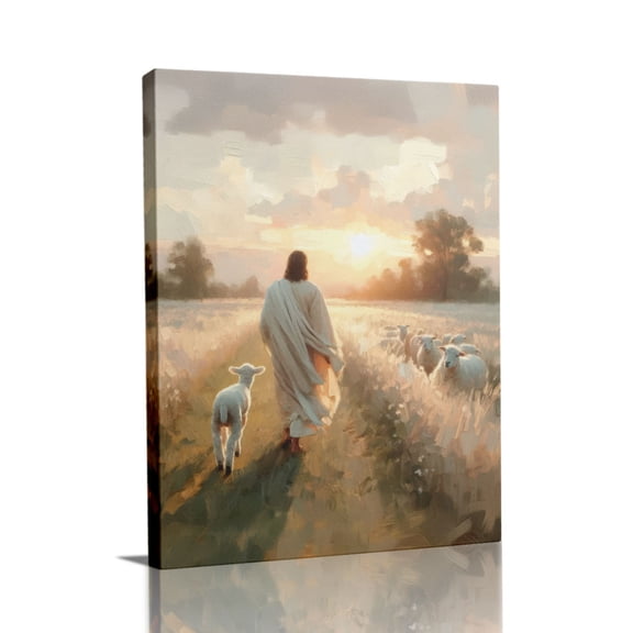 “Jesus as Shepherd with Lambs at Sunset (Warm Tone)” Impressionist Canvas Wall Art Ready to Hang for Living Room and Bedroom