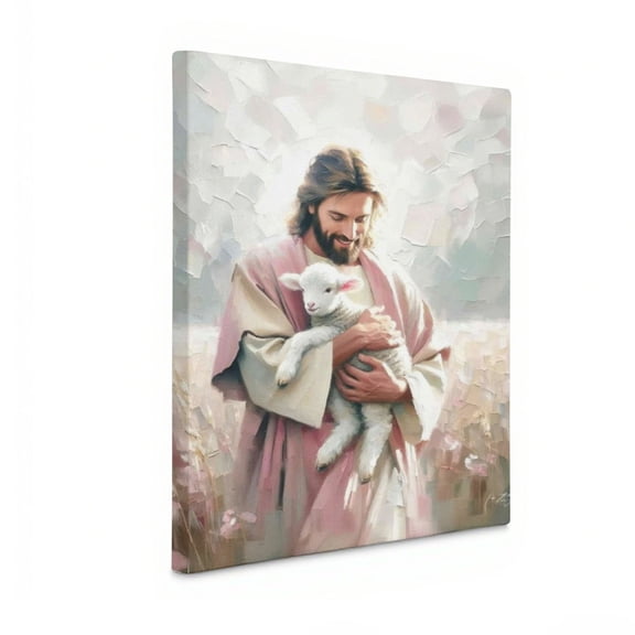 Jesus holding a lamb, gently protecting it. Canvas framed painting, 16x24in Suitable for living room/bedroom/prayer corner. Healing and inspiring wall decoration featuring Jesus and a lamb.