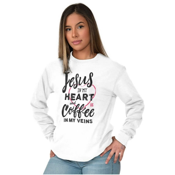 Jesus in Heart and Coffee in Veins Women's Long Sleeve T Shirt Brisco Brands L