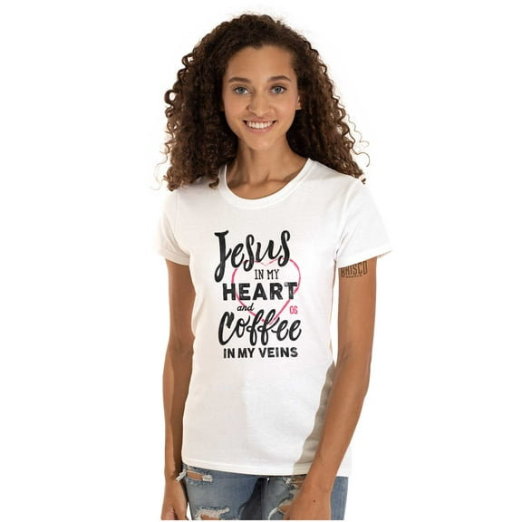 Jesus in Heart and Coffee in Veins Womens Slim Fit Graphic Tee Brisco Brands L