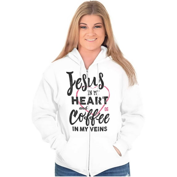 Jesus in Heart and Coffee in Veins Zip Hoodie Sweatshirt Women Brisco Brands S