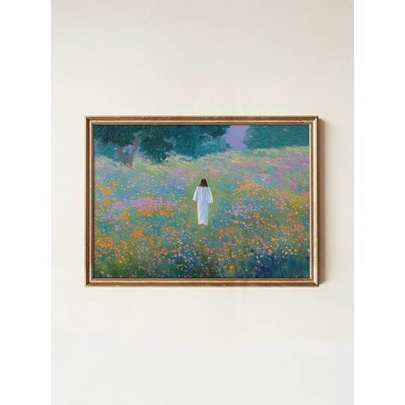 Jesus in Wildflower Field Peaceful Nature Scripture Art, Unframed Canvas 12x16in