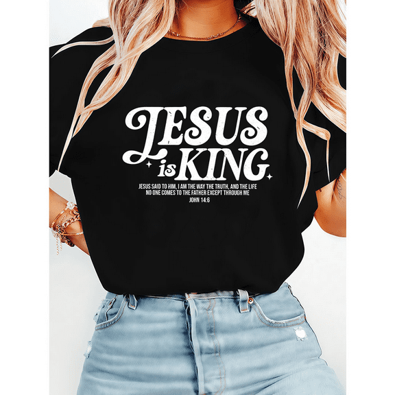 Jesus is King John 14:6 Lettering Print T-shirts Christian Graphic Tees Scripture Wear Biblical Faith Tops Short Sleeve Classic Shirts Black,L
