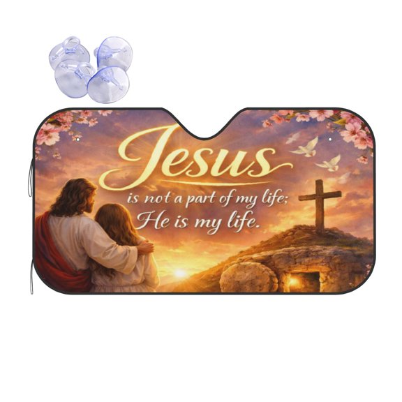 Jesus is My Life Sunset Floral Foldable Car Windshield Sun Shade, UV Protection Heat Shield